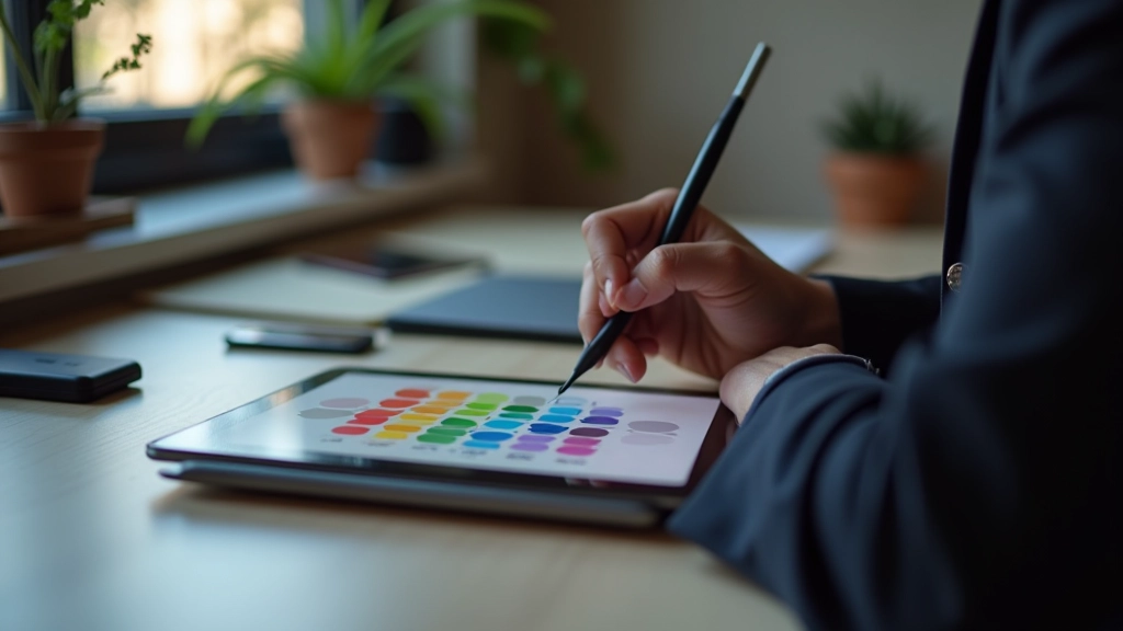 Close-up of designer hand adjusting color palette on tablet with stylus, creative workspace background